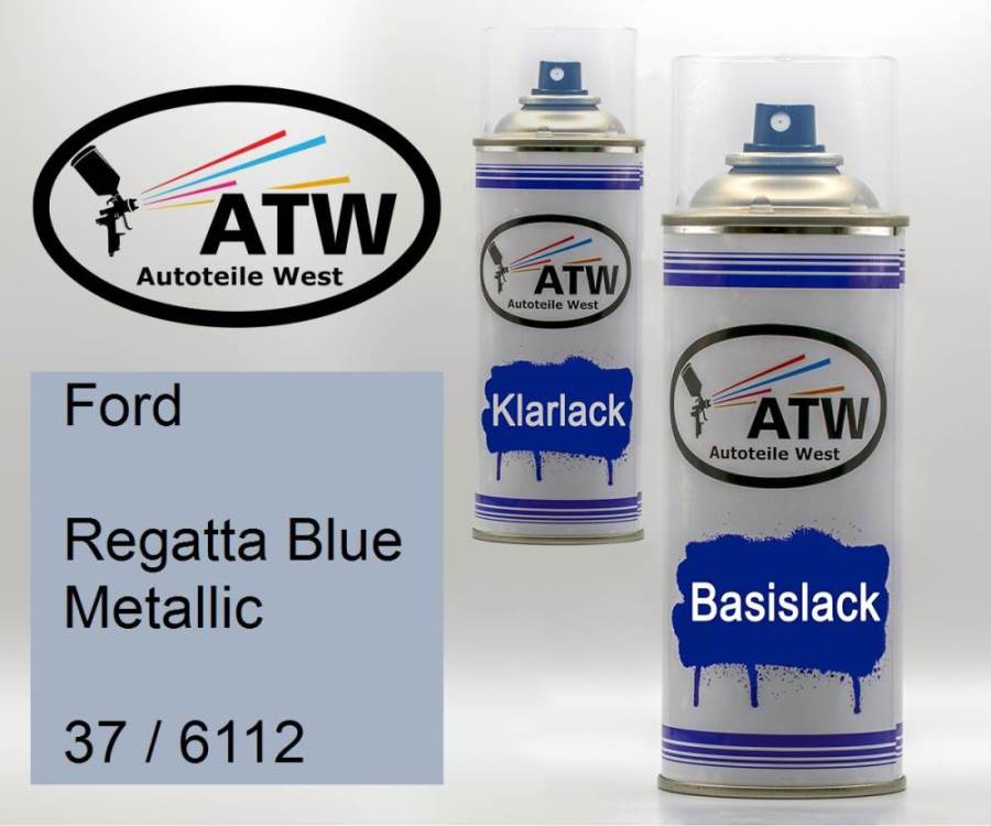 Ford, Regatta Blue Metallic, 37 / 6112: 400ml Sprühdose + 400ml Klarlack - Set, von ATW Autoteile West.